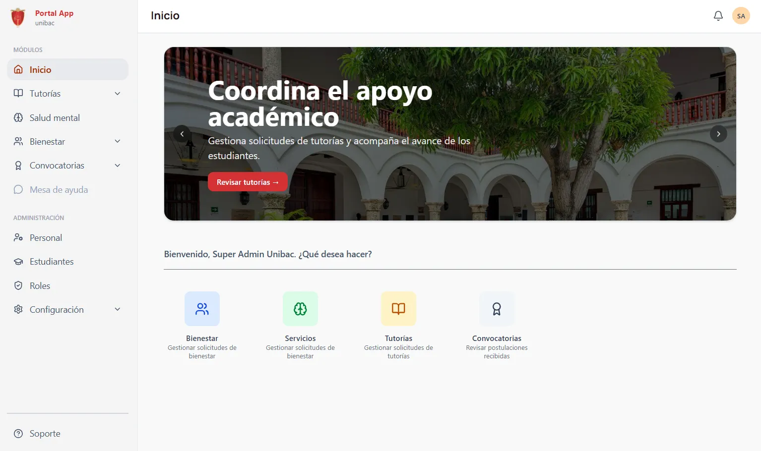Vista del proyecto Portal Unibac Contigo